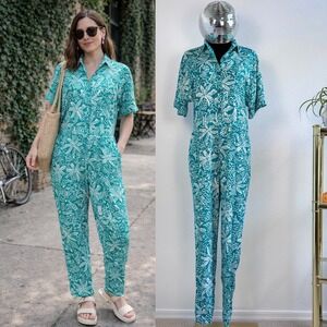 VTG 80s By Krush Tropical Palm Tree Print Jumpsuit,‎ Women's Medium, Teal White